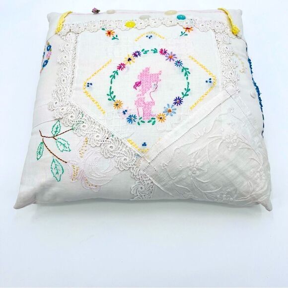 Pillow Cushion Handmade Embroidery Craft Floral Lace Crochet Multicolor Boho - Picture 3 of 10